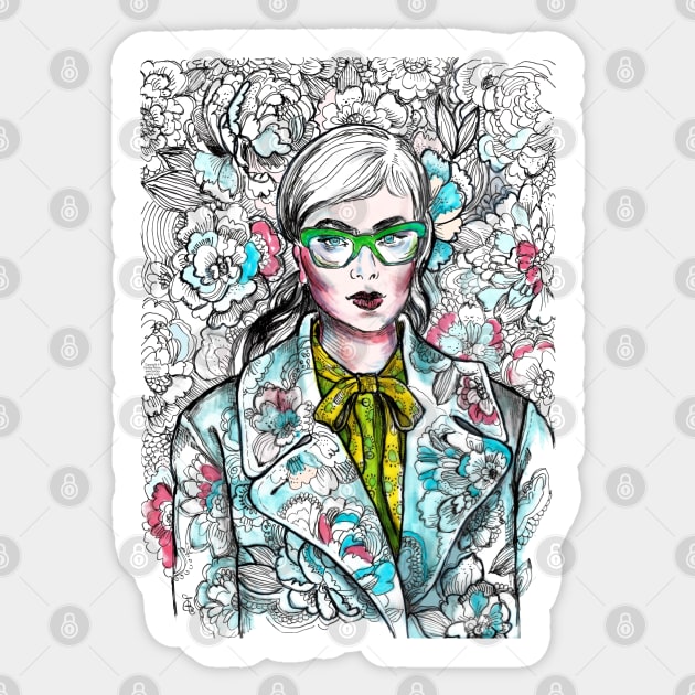 Woman Wearing Glasses in a Floral Pattern. Sticker by FanitsaArt